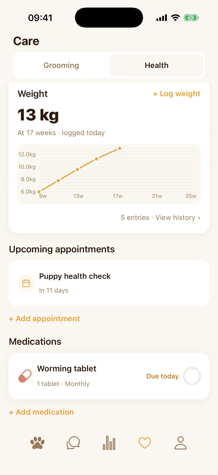Weight, vet appointments and medication tracking in Taily